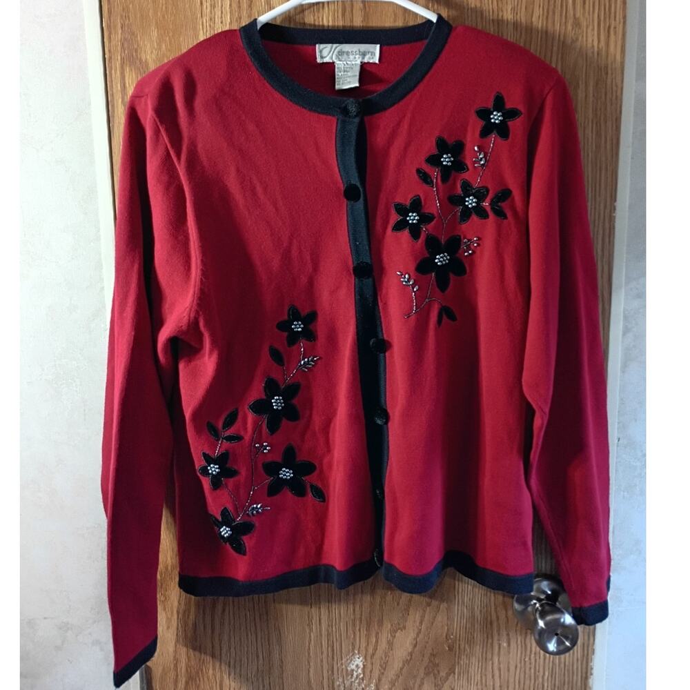 Vintage Dressbarn Red Black Beaded Floral Cardigan Petite M Romantic Holiday